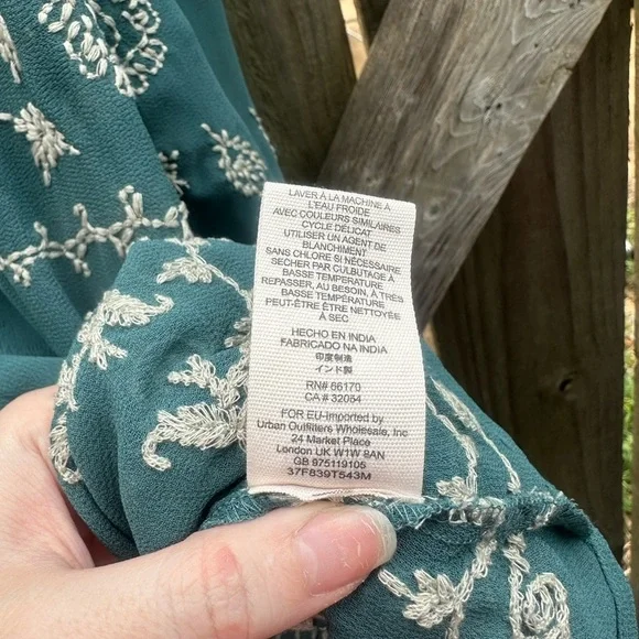 Free People Boho Pennies Sequel Teal Blue Green Embroidered Bell Sleeve Blouse - Picture 7 of 9